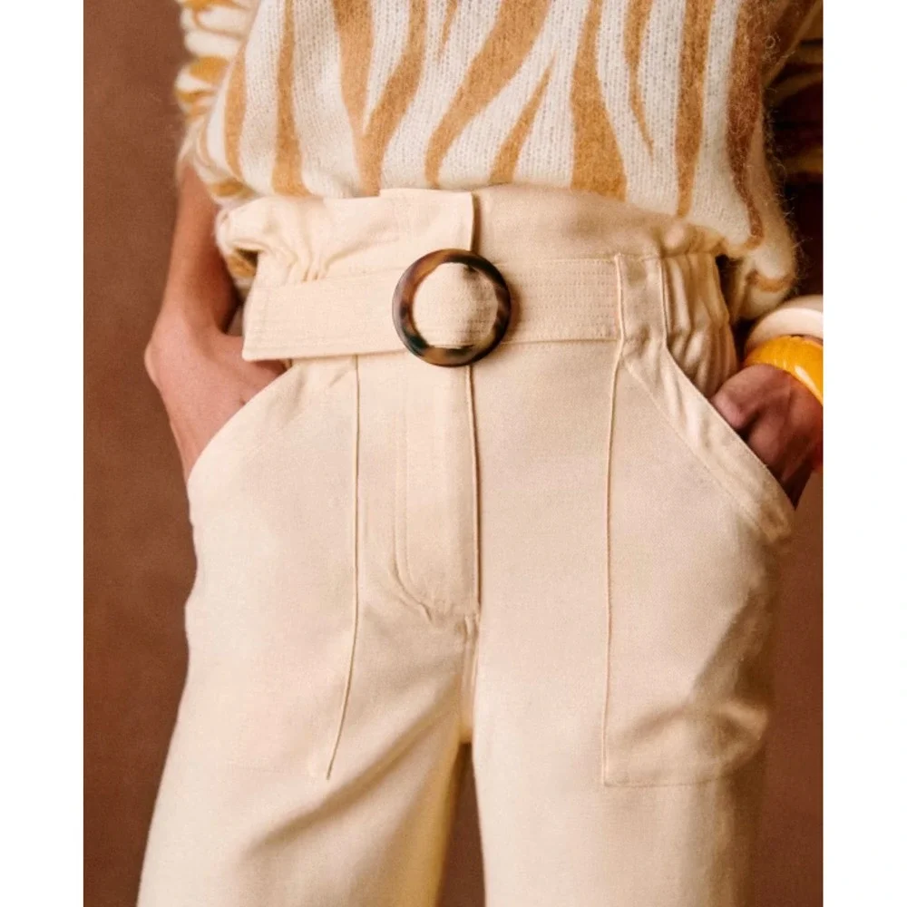 Sezane Silas Cream Linen Blend Paperbag Waist Wide Leg Trousers Pants Ecru Sz 46